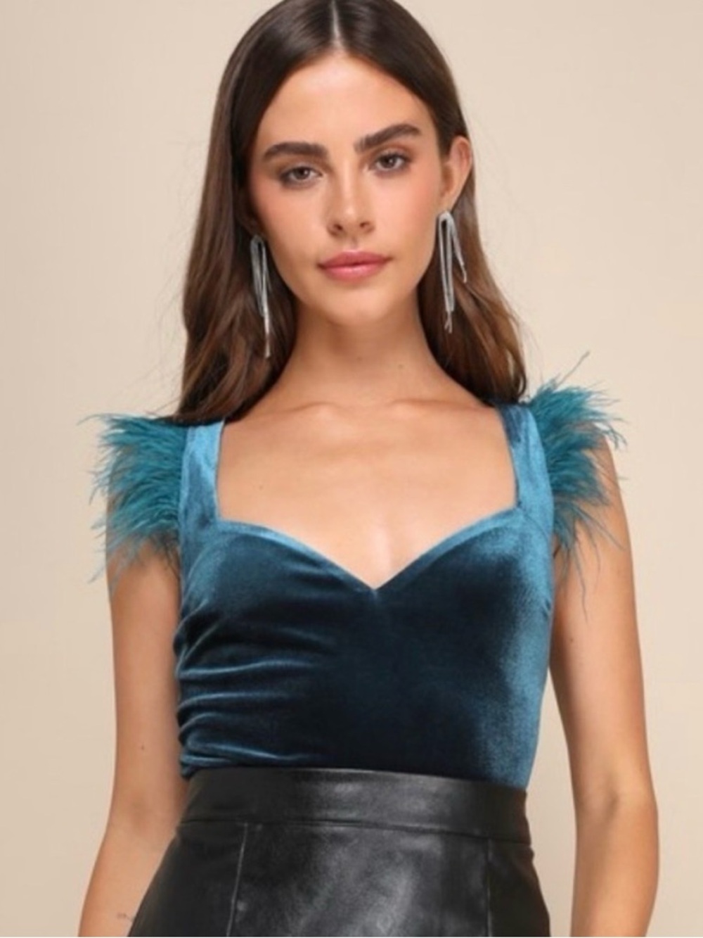 Lulu's Teal Velvet Feather-Trim Bodysuit - Picture 2 of 6